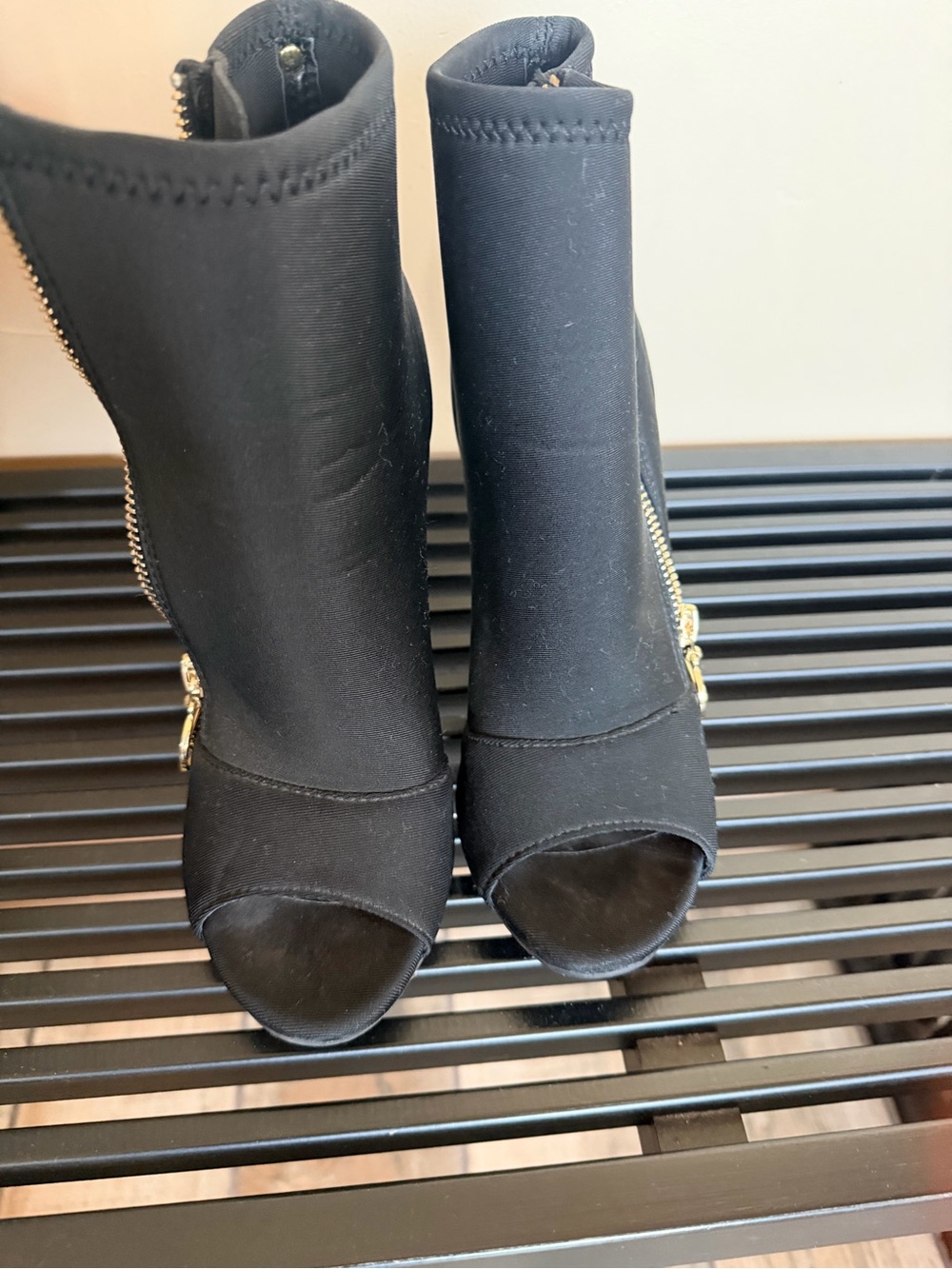 Guess Black Peep-Toe Stretch Heeled Booties with Gold Zipper